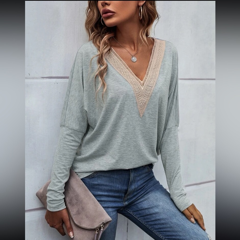 Gray Longsleeve Lace Detail Top